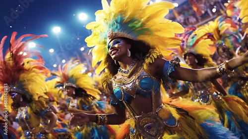 Carnival festival and group of ladies in creative outfits in Rio de Janeiro. Beautiful samba dancers performing in a carnival with their band. photo
