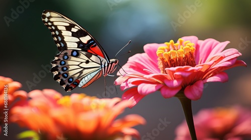 A butterfly is situated on a pink flower that has the word 'butterfly' written on it.
