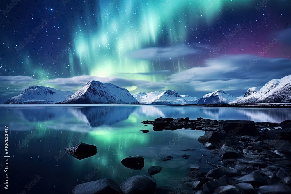 Beautiful Aurora Northern or Southern lights in starry night sky ...