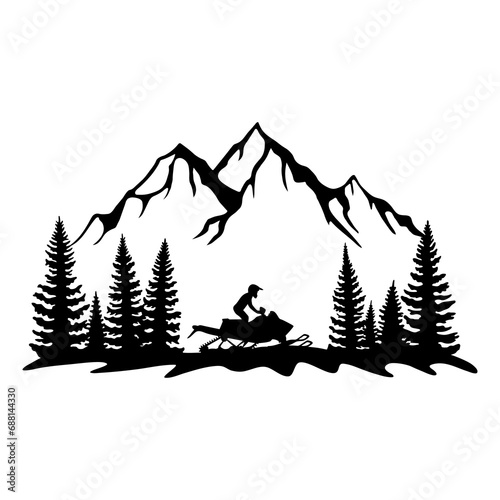 Snowmobiling in the Wilderness, Snowmobile Driver, Hand Drawn Vector Illustration