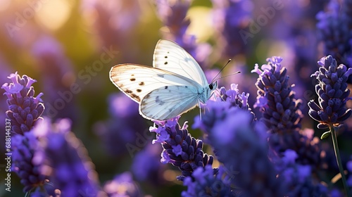 A butterfly that is both black and white sits on a purple lavender