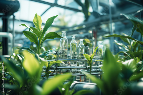 Futuristic biotechnology factory. Photobioreactor made of green plants connected by a hydroponic system photo