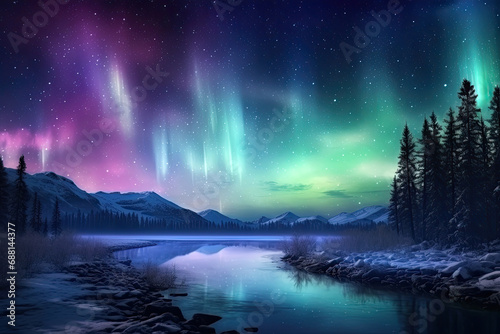 Beautiful Aurora Northern or Southern lights in starry night sky. Aurora borealis over the sky at islands. Night winter landscape with colorful scene, sea with sky reflection. © TANATPON