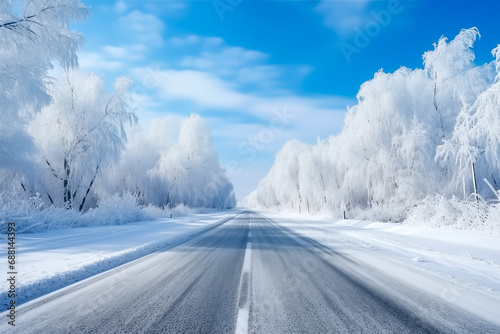 Snowy winter road in a forest. Beautiful winter landscape. Cold landscape of Lapland. Europe forest. Roadway and route snowy street trip. Driving