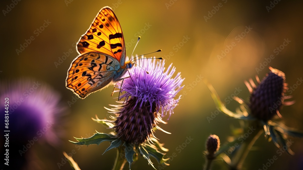 Obraz premium An image of a butterfly on a thistle with stunning natural colors against a background.