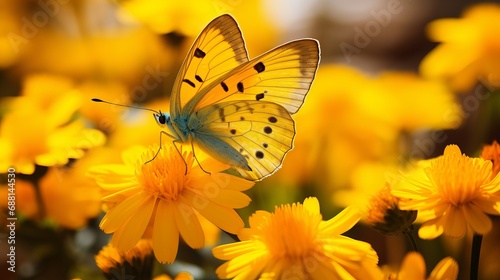 Nectar is being sucked out by a beautiful butterfly from the stamens of bright yellow flowers. © Suleyman Mammadov