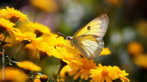 Nectar is being sucked out by a beautiful butterfly from the stamens of bright yellow flowers. © Suleyman Mammadov