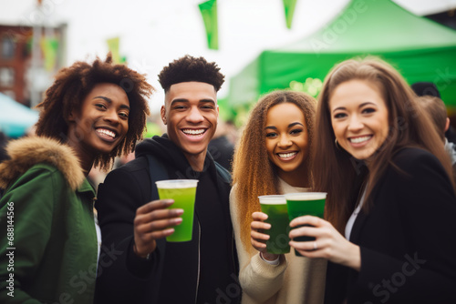 Multiracial friends having fun, wearing green costumes and celebrating St. Patrick's Day in street bar