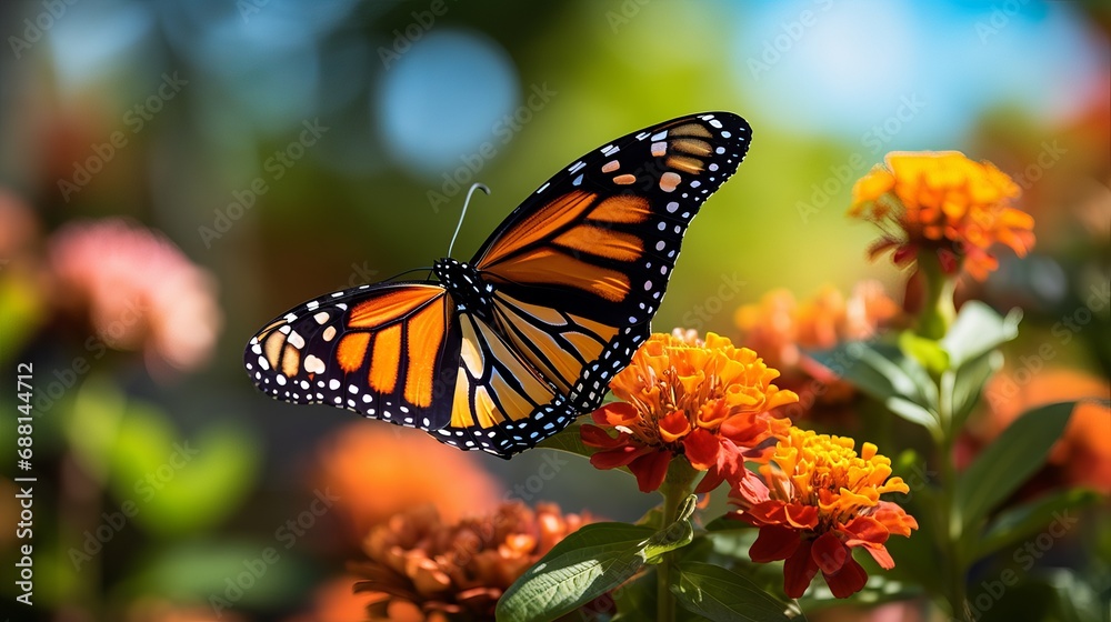 The butterfly is stunning in a frontal perspective with a close cropped image of the blossom. The butterfly is stunning in a frontal perspective with a close cropped image of the blossom.
