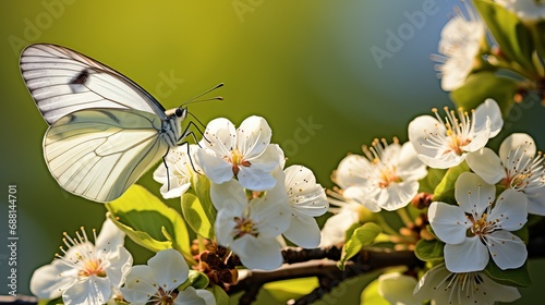 The butterfly is stunning in a frontal perspective with a close cropped image of the blossom.