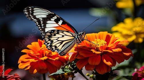 The butterfly is stunning in a frontal perspective with a close cropped image of the blossom.