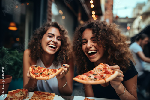 Happy young female friends eating pizza in the city