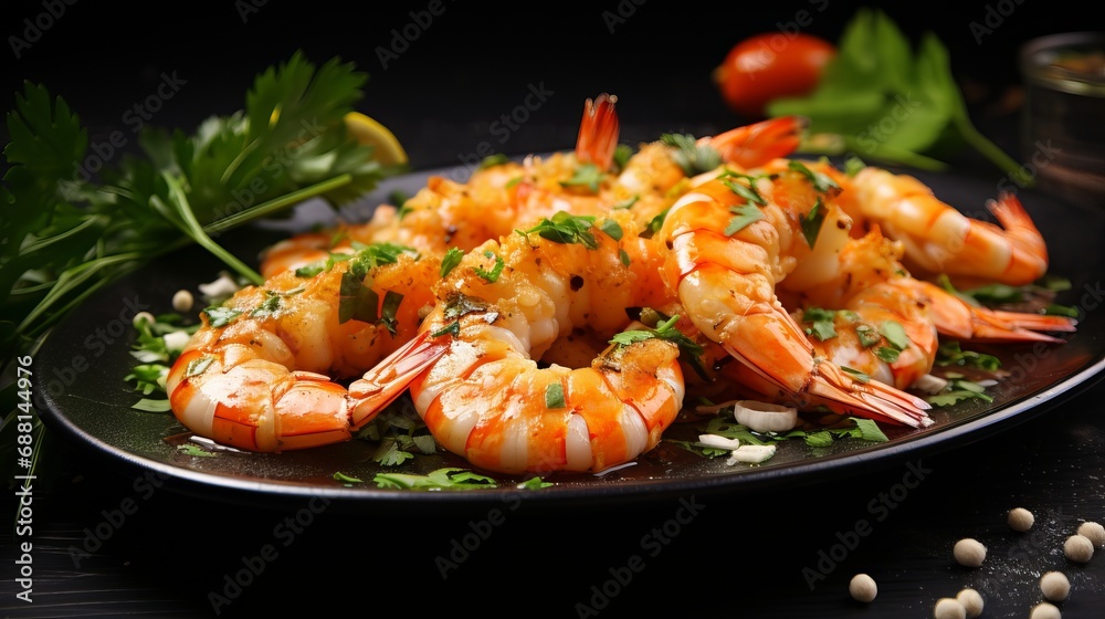 A platter that contains shrimp and is garnished with herbs A platter that contains shrimp and is garnished with herbs