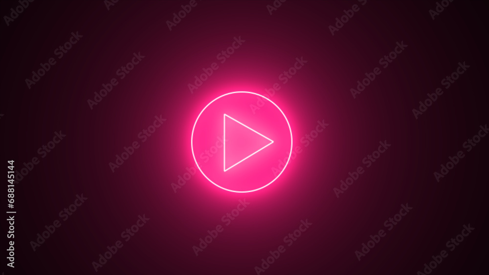 Start button. Neon glowing play button with neon circle. Play button icon. Neon shine play button. 3d rendering - illustration. - obrazy, fototapety, plakaty 