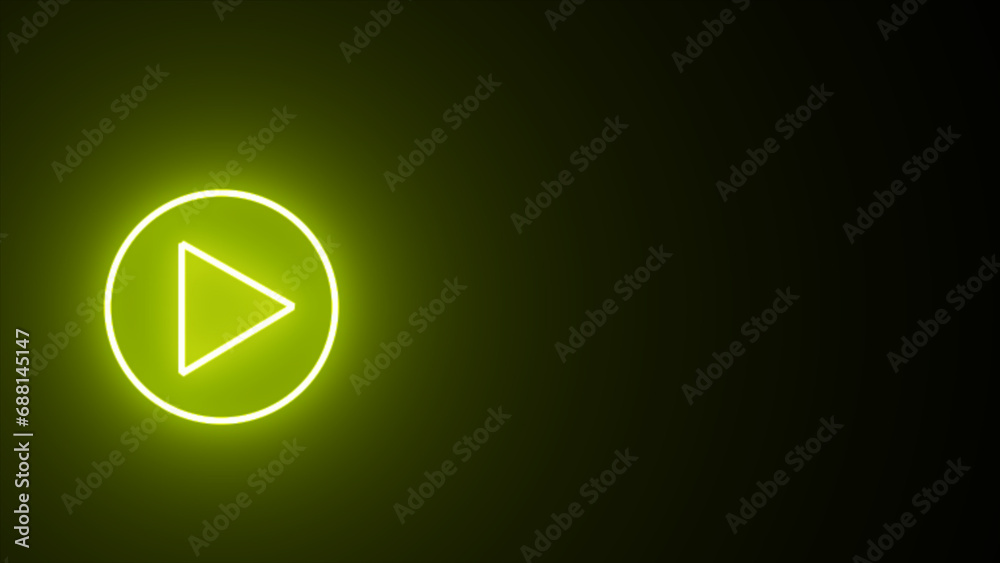 Yellow color play button on black background. Start button. Neon glowing play button with neon circle. Play button icon. Neon shine play button. 3d rendering - illustration. - obrazy, fototapety, plakaty 