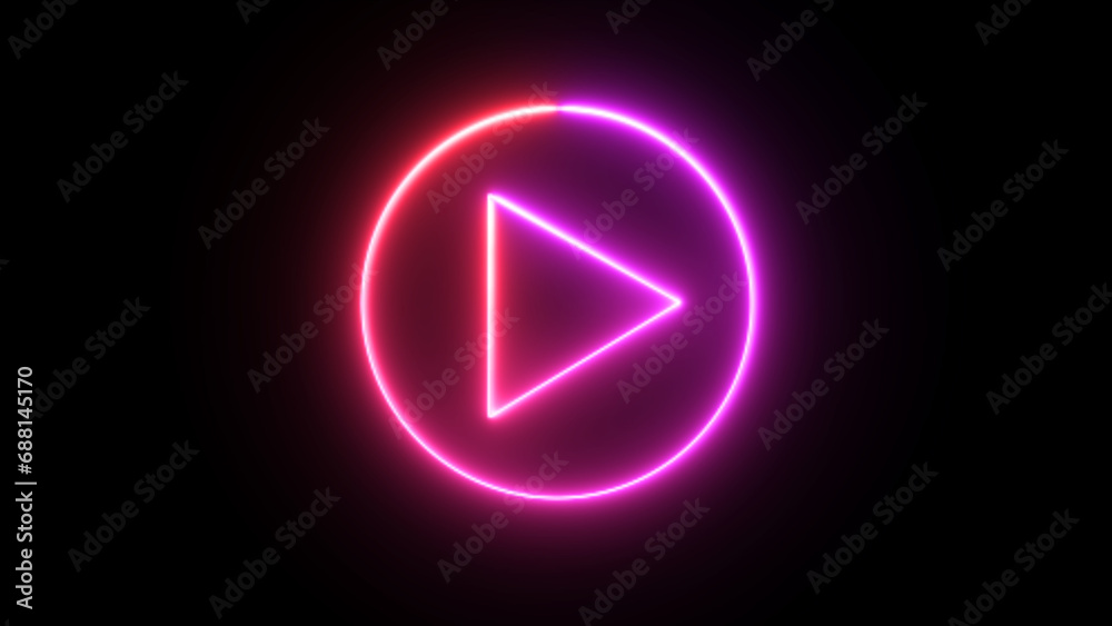 multi color play button on black background. Start button. Neon glowing play button with neon circle. Play button icon. Neon shine play button. 3d rendering - illustration.
