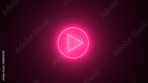 Start button. Neon glowing play button with neon circle. Play button icon. Neon shine play button. 3d rendering - illustration.