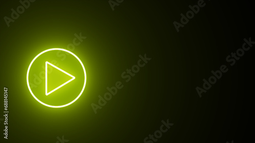 Yellow color play button on black background. Start button. Neon glowing play button with neon circle. Play button icon. Neon shine play button. 3d rendering - illustration.