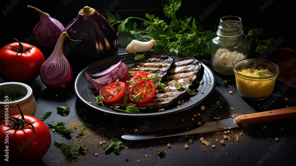 The bottom image shows a dish consisting of fish fry, fried eggplants, onion peppers, spices in small bowls, fork and knife, tomatoes, oil bottle, mint, and dill on a dark background.