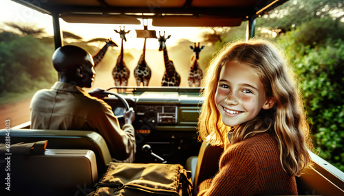 A young American girl on an African safari smiling in a safari vehicle which is being driven by a guide.A herd of Giraffe in the background.
