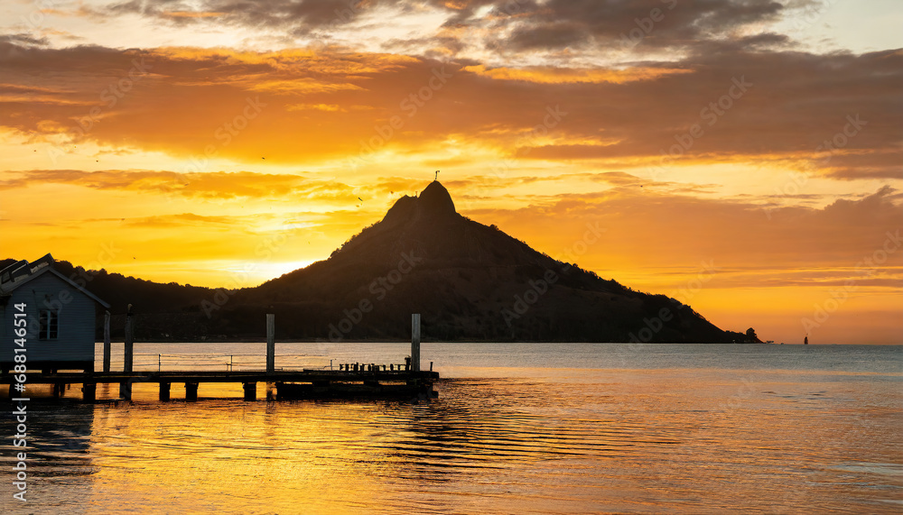 Peaceful landscapes at sunset with a peak and a pier