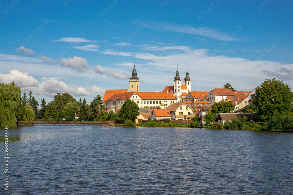 Telc, a town in Moravia in the Czech Republic. Water reflection of houses and Telc Castle, Czech Republic. UNESCO World Heritage Site.