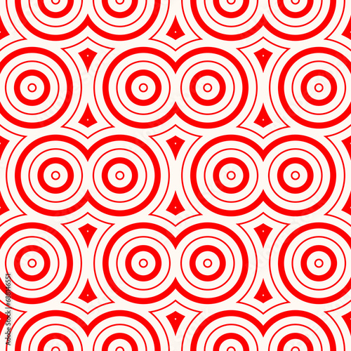 Seamless pattern with symmetric geometric ornament. Red white circles and kites abstract background. Abstract repeated spheres and circuit lines wallpaper. Vector illustration