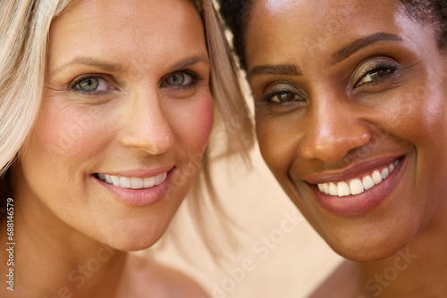 Close Up Beauty Portrait Showing Faces Of Two Smiling Mature Women Against Natural Background