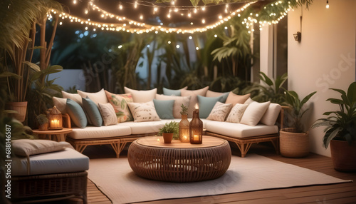 A tropical-inspired outdoor patio with rattan furniture ai generation