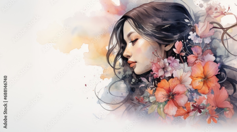 Watercolor drawing of a Oriental woman's profile and colorful, delicate flowers. Tender watercolor portrait of a woman. The concept of femininity, beauty, the awakening of nature in springtime