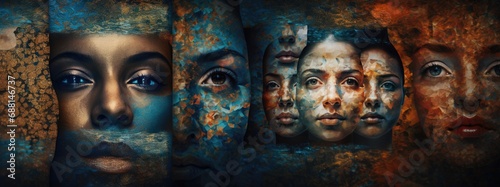 Abstract art kaleidoscope of human faces. Portrait of a person with painted face