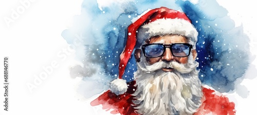 Merry Christmas greeting card illustration- Watercolor painting of cool hipster santa claus with glasses, isolated on white background texture