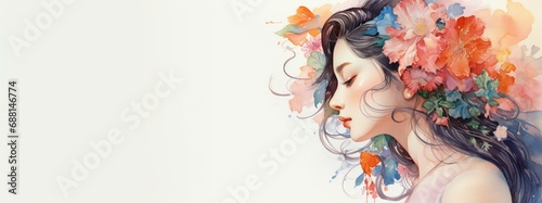 Watercolor drawing of a Oriental woman's profile and colorful, delicate flowers. Tender watercolor portrait of a woman. The concept of femininity, beauty, the awakening of nature in springtime photo