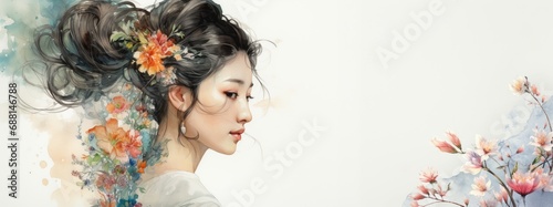 Watercolor drawing of a Oriental woman's profile and colorful, delicate flowers. Tender watercolor portrait of a woman. The concept of femininity, beauty, the awakening of nature in springtime