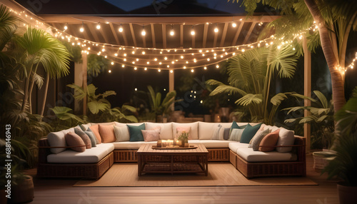 A tropical-inspired outdoor patio with rattan furniture ai generation © Ebad