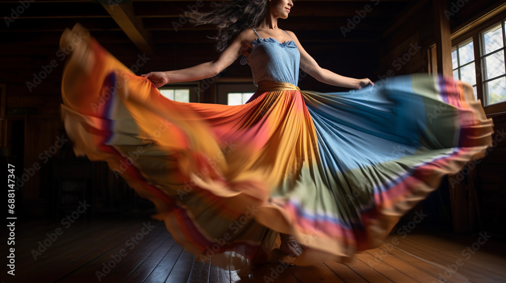 dancer in motion, colorful flowing skirt, rustic wooden floor