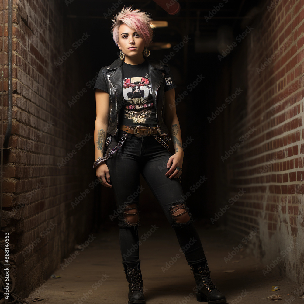 Classic punk portrait, brick wall with band posters, studded belt, combat boots