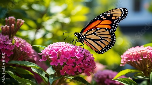 A garden surrounded by greenery is home to a monarch butterfly on a pink flower © Elchin Abilov