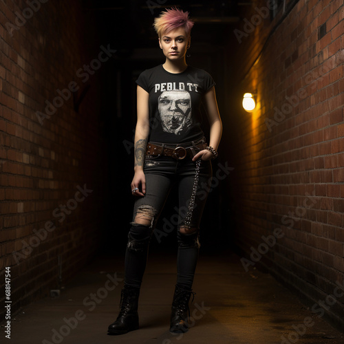 Classic punk portrait, brick wall with band posters, studded belt, combat boots