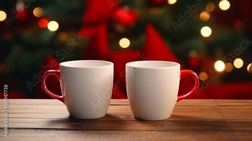 White ceramic coffee cup and christmas decoration on woon table background.