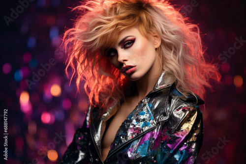 Glam punk portrait  sequin embellished jacket  teased hair  dramatic makeup  glittery backdrop