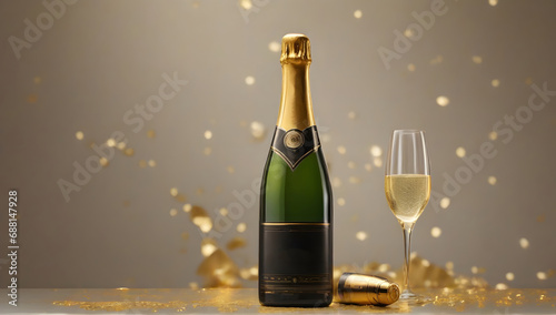 Champagne bottle in gray background with text space
