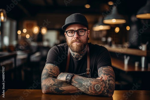Hipster barista portrait, cozy coffee shop, latte art in progress, sleeve tattoos
