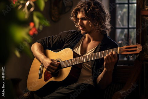 Musician with a Bohemian flair, strumming a vintage guitar, relaxed posture