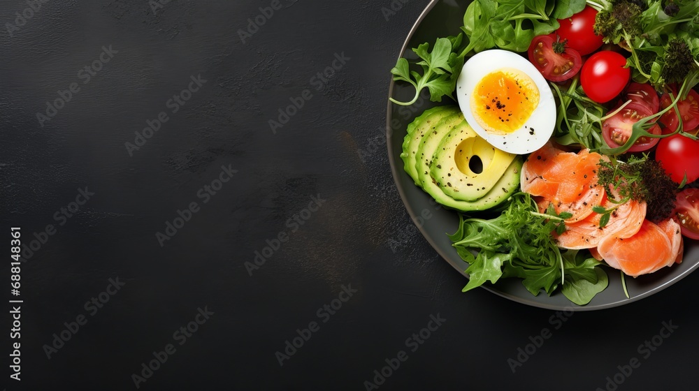 Salt salmon salad with greens, cucumbers, eggs, and avocado is one of the meals on the ketogenic diet for breakfast. lunch is also ketogenic, with a top view overhead.