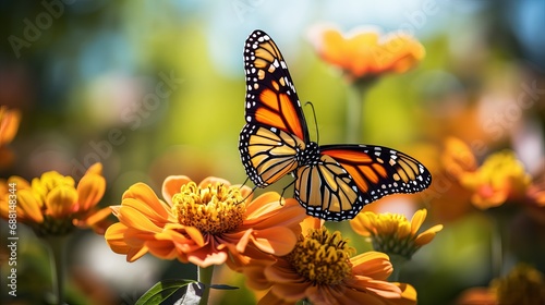 The background is orange and mexican sunflower green with a monarch butterfly.