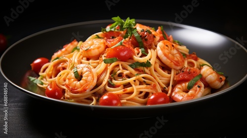 A pasta dish that includes seafood and shrimp.