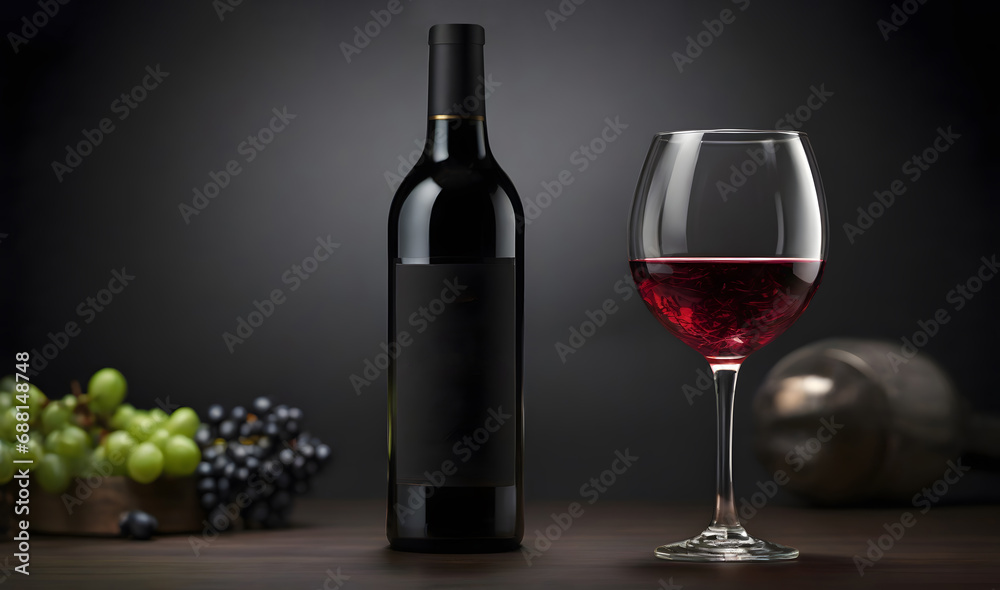 Red wine glass and bottle in black background with text space