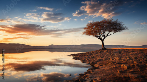 Desert Lake's Solitary Tree: A Vision of Peace and Harmony in the Wilderness