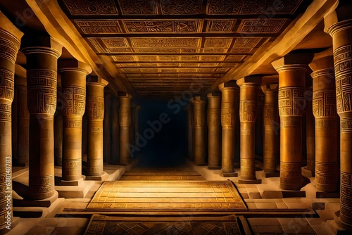 an underground chamber within an Egyptian pyramid, filled with ancient scrolls, mystical symbols, and golden treasures